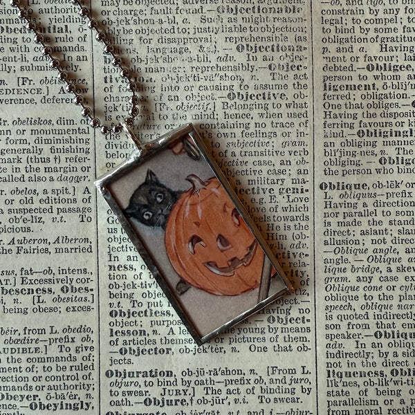 Black cat, jack o lantern, vintage halloween illustrations, up-cycled to soldered glass pendant