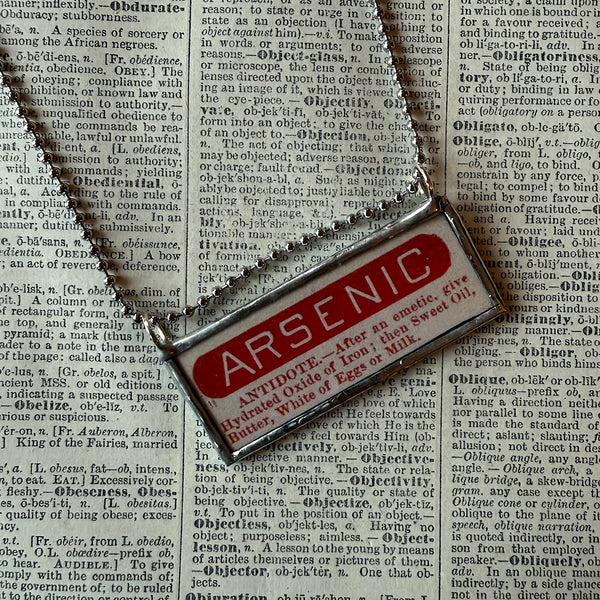 Arsenic, Muriatic Acid Poison labels, vintage illustrations upcycled to hand-soldered glass pendant
