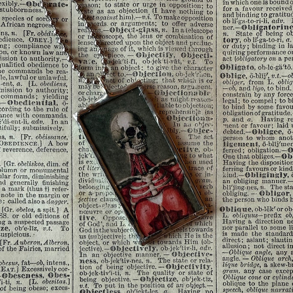 Anatomical skeleton, vintage illustrations upcycled to hand-soldered glass pendant