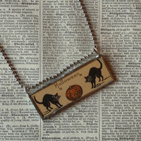 Black cats, Jack O'Lanterns, vintage illustrations upcycled to hand-soldered glass pendant