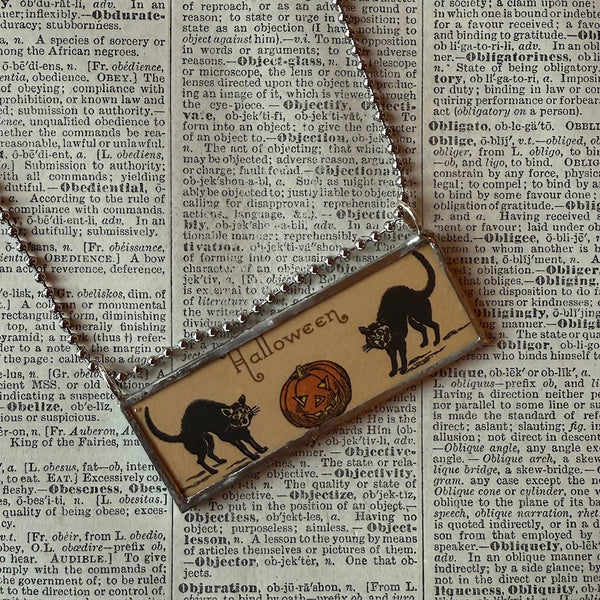 Black cats, Jack O'Lanterns, vintage illustrations upcycled to hand-soldered glass pendant