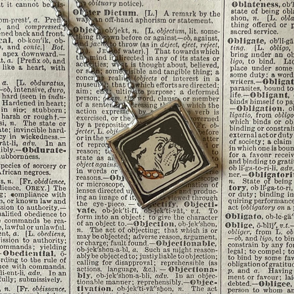 1 Bulldog, dogs, vintage children's book illustration, up-cycled to hand-soldered glass pendant
