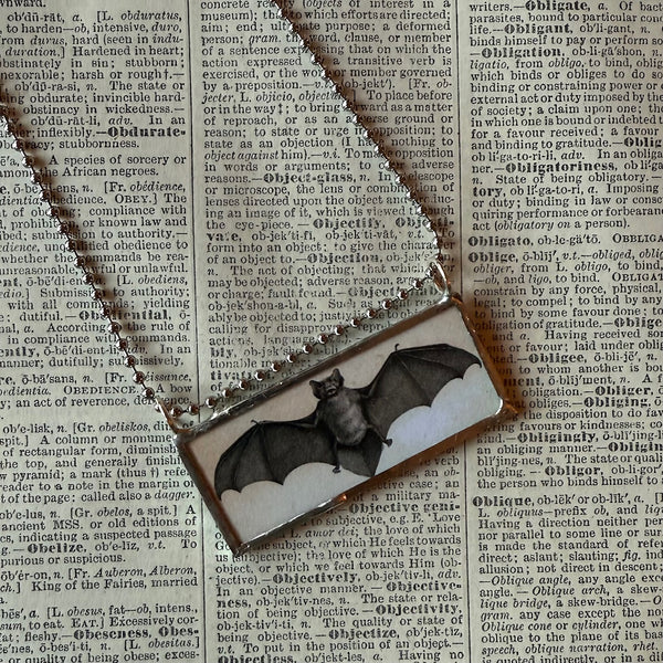 Vampire bats, vintage illustrations upcycled to hand-soldered glass pendant