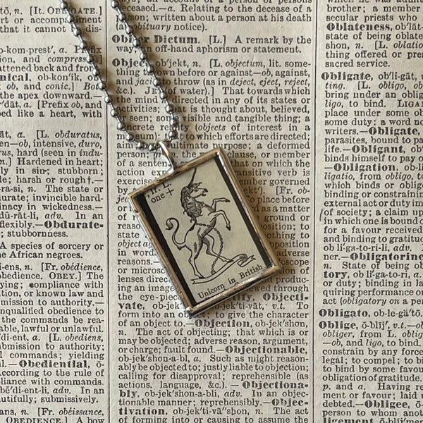 1 Unicorn, vintage dictionary illustration, up-cycled to hand soldered glass pendant