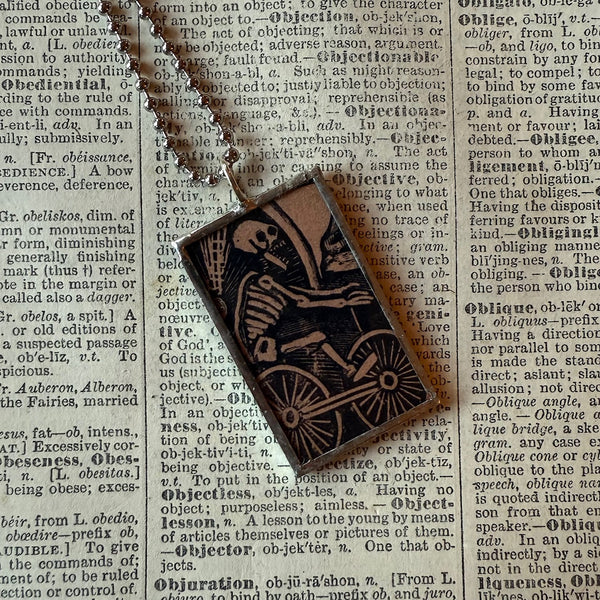 Skeleton / Skull, vintage illustrations up-cycled to soldered glass pendant