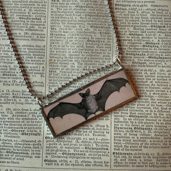 Vampire bats, vintage illustrations upcycled to hand-soldered glass pendant