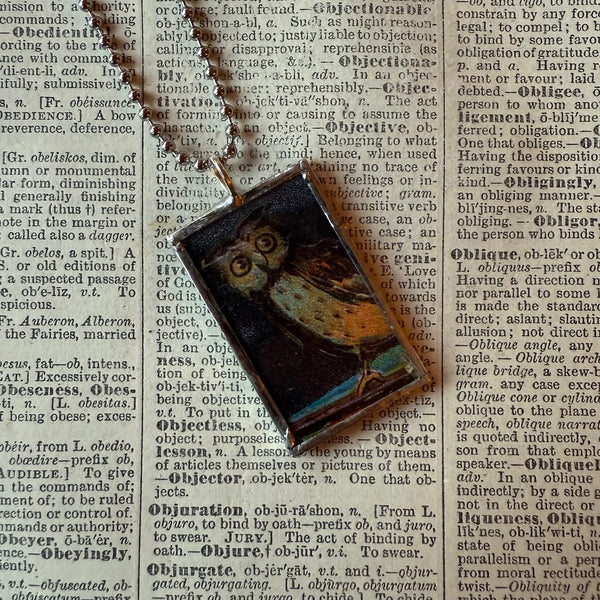 Owl, moon, vintage halloween illustrations, up-cycled to soldered glass pendant