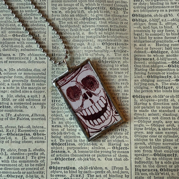Skeleton / Skull, vintage illustrations up-cycled to soldered glass pendant