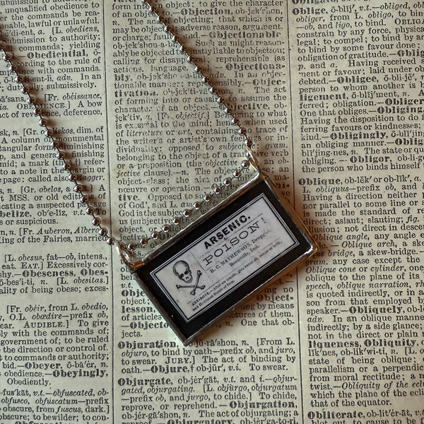Arsenic Poison labels, vintage illustrations upcycled to hand-soldered glass pendant