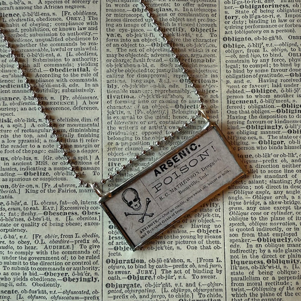 Arsenic Poison label, death's head moth, vintage illustrations upcycled to hand-soldered glass pendant