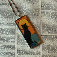 Black cat, full moon  vintage halloween postcard illustration, up-cycled to soldered glass pendant