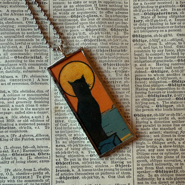 Black cat, full moon  vintage halloween postcard illustration, up-cycled to soldered glass pendant