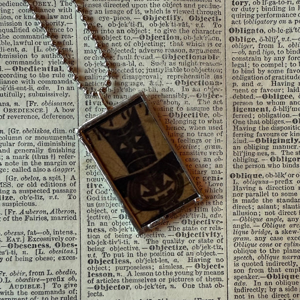 Jack O'Lantern, owl vintage halloween illustrations, up-cycled to soldered glass pendant