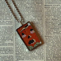 Jack O'Lantern, owl vintage halloween illustrations, up-cycled to soldered glass pendant