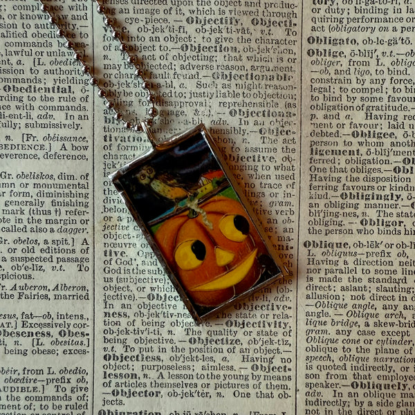 Jack O'Lantern, owl vintage halloween illustrations, up-cycled to soldered glass pendant