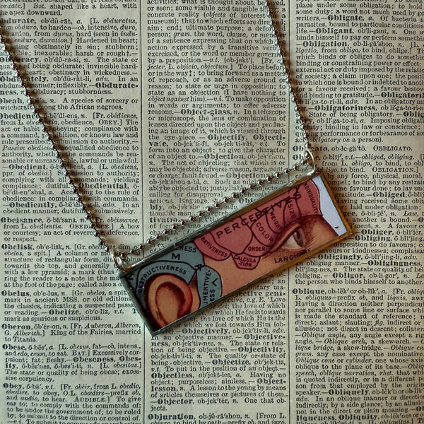 Phrenology, vintage illustrations upcycled to hand-soldered glass pendant