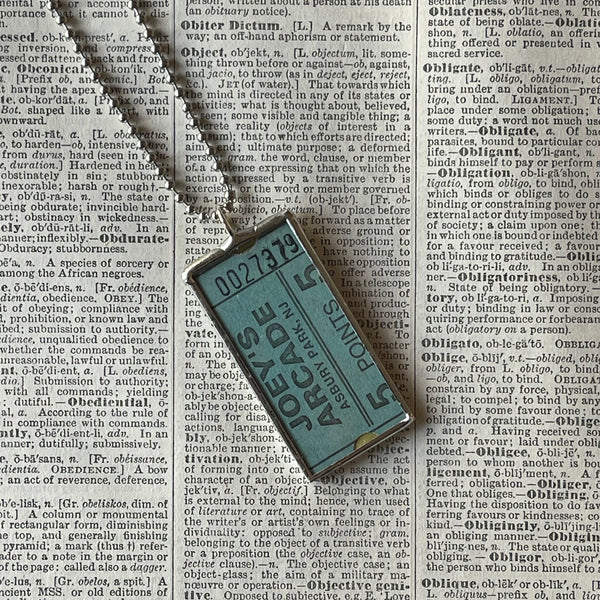 1 Vintage carnival ticket - Joey's Arcade - Asbury Park NJ upcycled to soldered glass pendant