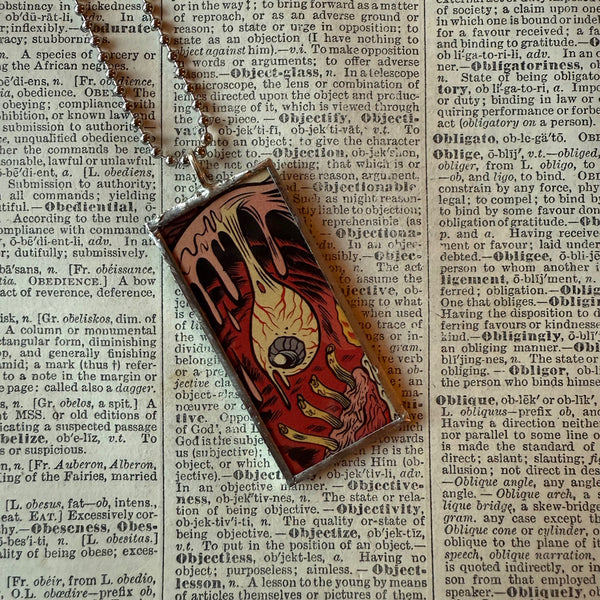 Goblins, Devils, Eyeball, MAD Magazine illustrations, upcycled to soldered hand-soldered glass pendant