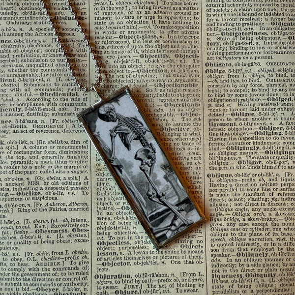 Skeleton / Skull, vintage illustrations up-cycled to soldered glass pendant