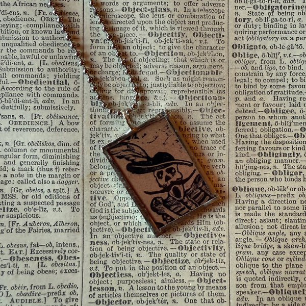 Skeleton / Skull, vintage illustrations up-cycled to soldered glass pendant
