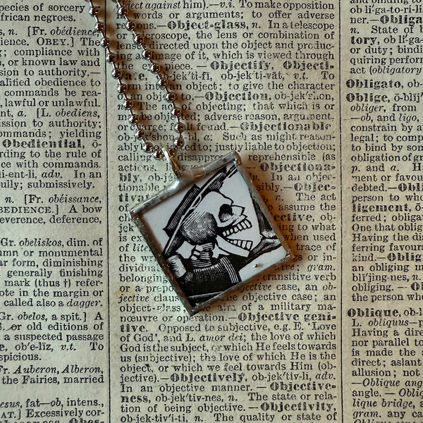 Skeleton / Skull, vintage illustrations up-cycled to soldered glass pendant