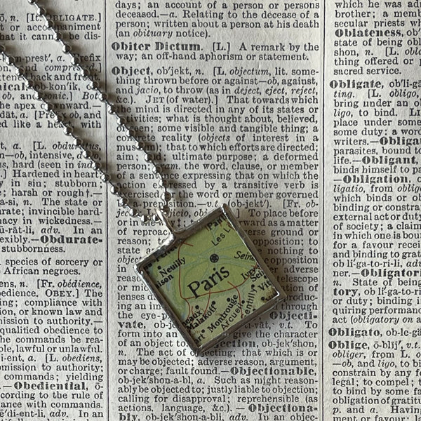 1 Paris, France, vintage map, hand-soldered glass pendant