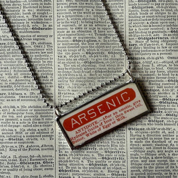 Arsenic Poison labels, vintage illustrations upcycled to hand-soldered glass pendant