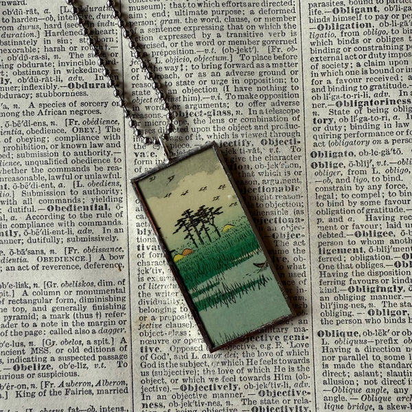 Cypress trees, Mt. Fuji, Japanese woodblock prints, up-cycled to hand-soldered glass pendant (Copy)