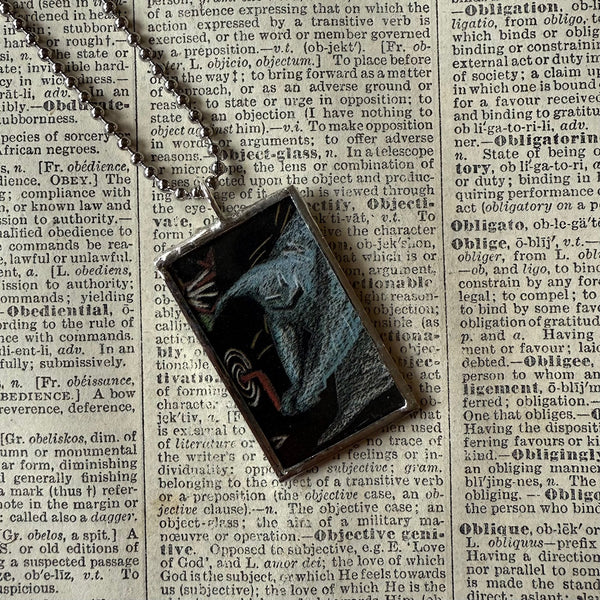 Nightmare before Christmas, Oogie Boogie, Skeleton, concept art illustrations, up-cycled to soldered glass pendant