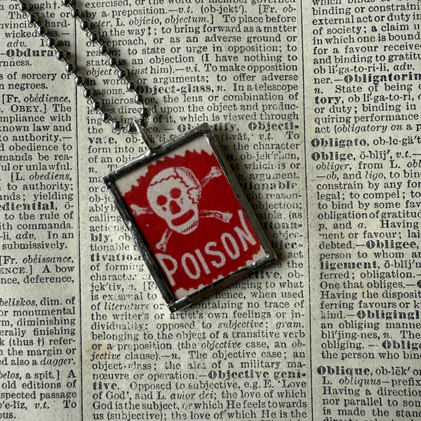 Poison / Skull and crossbones, vintage illustration up-cycled to soldered glass pendant