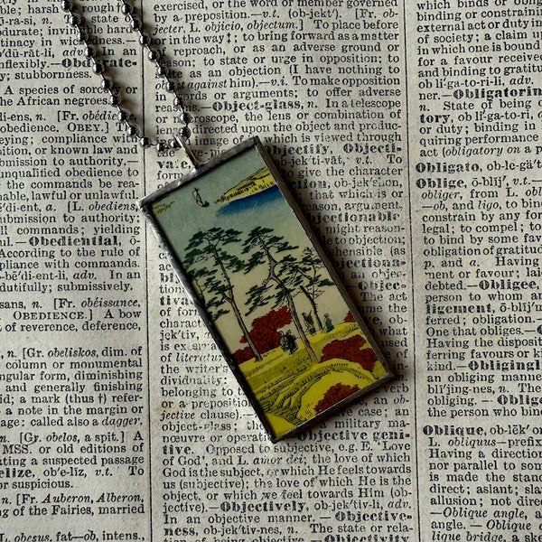 Cypress Trees, Wave, Japanese woodblock prints, up-cycled to hand-soldered glass pendant