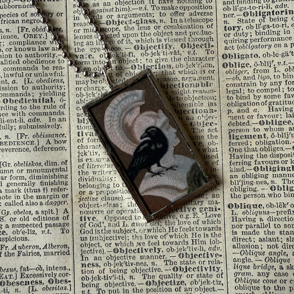 Edgar Allan Poe, The Raven, vintage halloween illustrations, up-cycled to soldered glass pendant