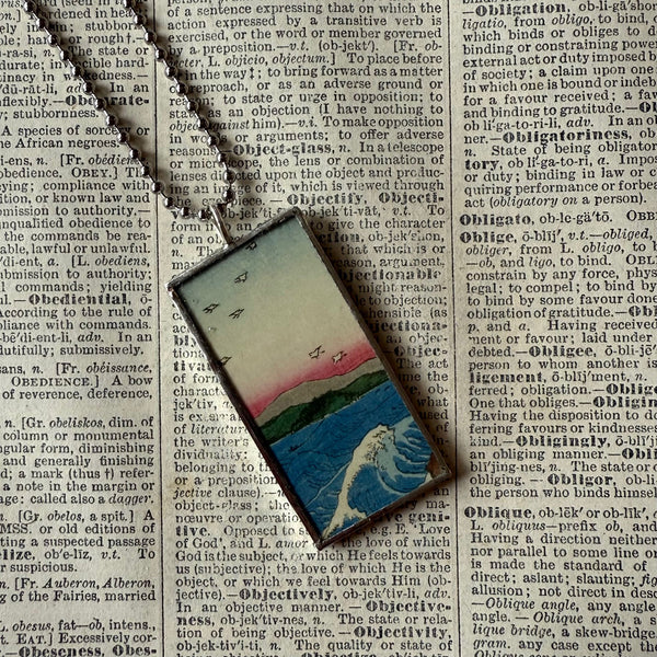 Wave, Japanese woodblock prints, up-cycled to hand-soldered glass pendant
