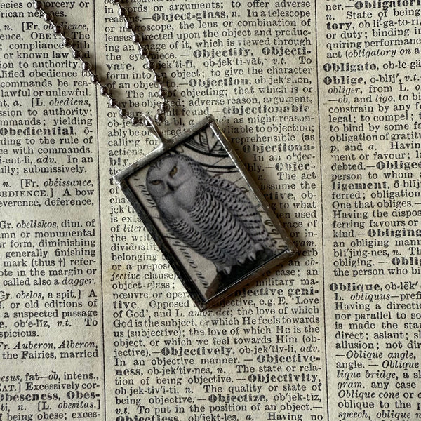 Snowy Owls, vintage illustrations up-cycled to soldered glass pendant