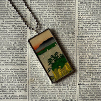 Cypress trees, Mt. Fuji, Japanese woodblock prints, up-cycled to hand-soldered glass pendant