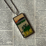 Cypress trees, Mt. Fuji, Japanese woodblock prints, up-cycled to hand-soldered glass pendant