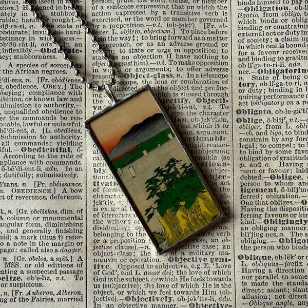 Cypress trees, Mt. Fuji, Japanese woodblock prints, up-cycled to hand-soldered glass pendant
