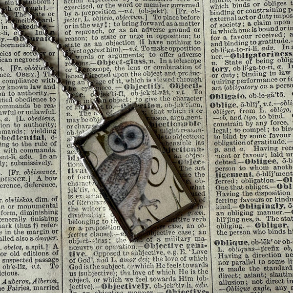 Snowy Owls, vintage illustrations up-cycled to soldered glass pendant