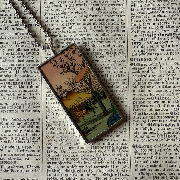 Plum / Cherry Blossom Trees, Japanese woodblock prints, up-cycled to hand-soldered glass pendant