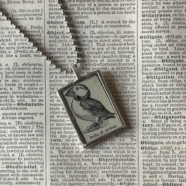1 Puffin birds, vintage illustration upcycled to soldered glass pendant