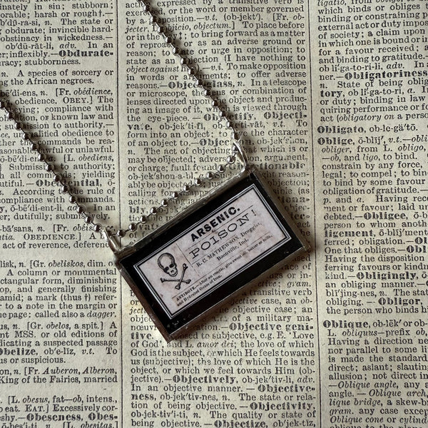 Arsenic Poison label, vintage illustrations upcycled to hand-soldered glass pendant