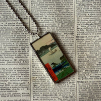 Sailboarts, lake scene, Japanese woodblock prints, up-cycled to hand-soldered glass pendant