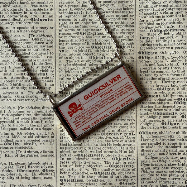 Quicksilver Poison label, vintage illustrations upcycled to hand-soldered glass pendant
