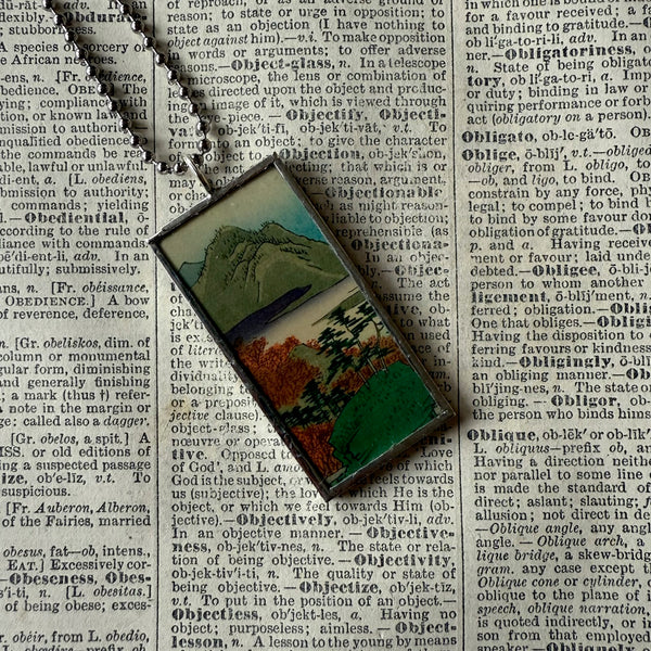 Autumn leaves, Lake scene, Japanese woodblock prints, up-cycled to hand-soldered glass pendant (Copy)