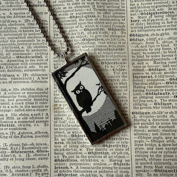 Owl, bats, vintage illustrations, up-cycled to soldered glass pendant