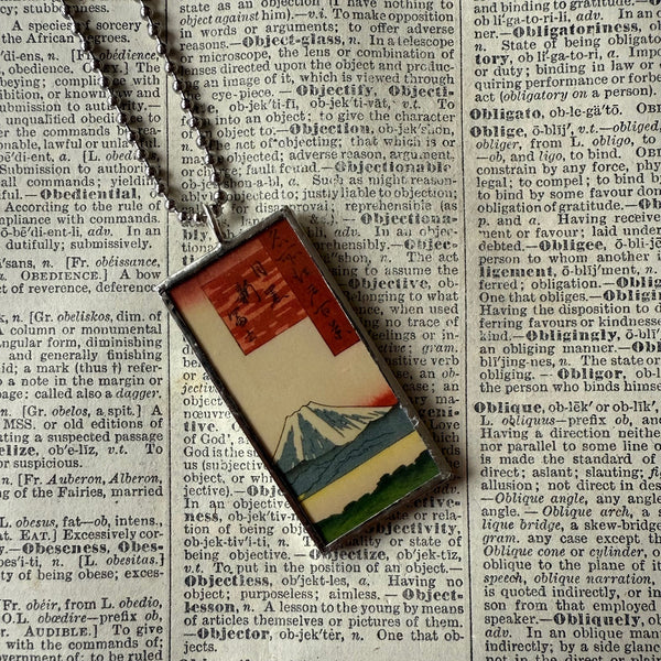 Mt. Fuji, Hilltop, Japanese woodblock prints, up-cycled to hand-soldered glass pendant