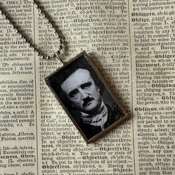 Edgar Allan Poe, The Raven, vintage halloween illustrations, up-cycled to soldered glass pendant