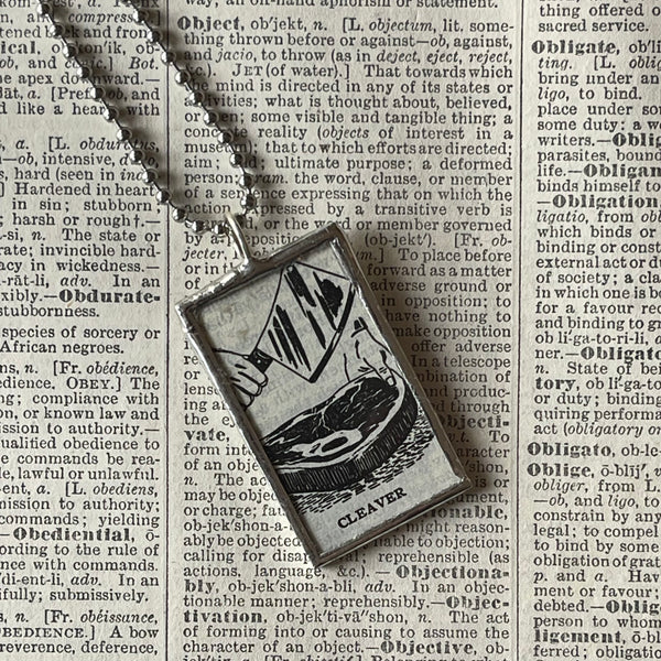 1 Cleaver, butcher, vintage dictionary illustration, hand soldered glass pendant, upcycled to soldered glass pendant
