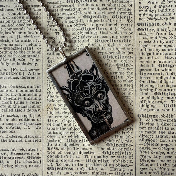 Demons, devils, ghouls, vintage illustrations, hand-soldered glass pendant