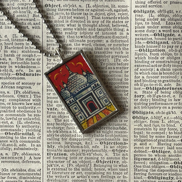 1 Taj Mahal, illustrations upcycled from vintage Indian matchbooks, upcycled hand soldered glass pendant